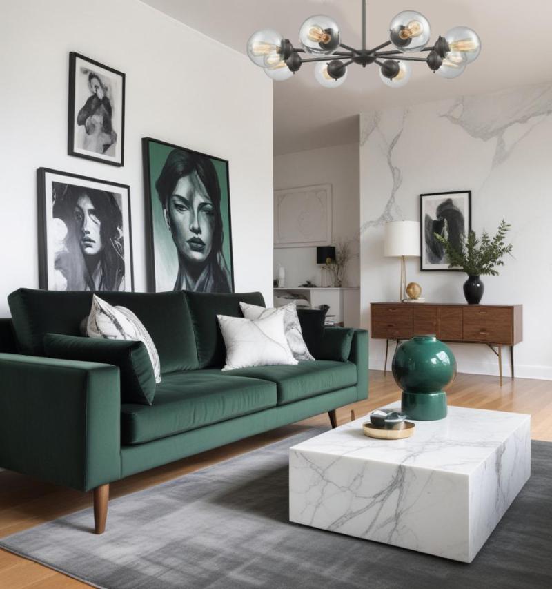 Mid Century Modern Living Room in Green and White